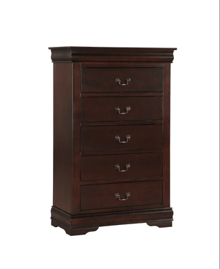 Louis Philip Chest in cherry wood viewed from front, showing five drawers with pewter bail handles