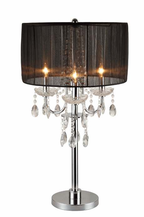 Black metal chandelier table touch lamp with crystal accents front view