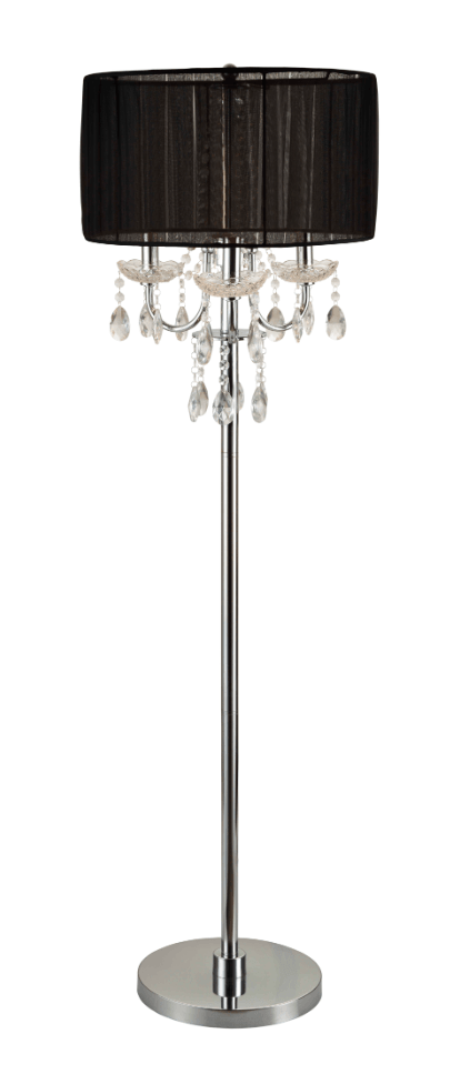Side view of black metal and glass chandelier table lamp