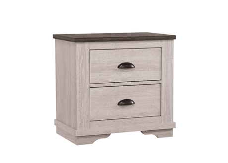 Coralee Nightstand Chalk Grey front view showing 2 drawers and dark grey legs