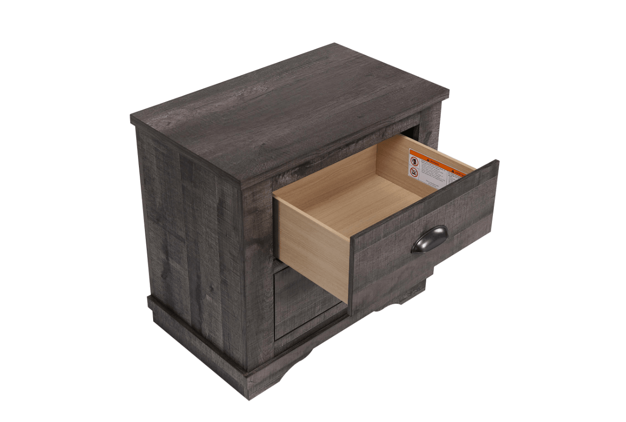 Close-up of drawer and handle on Coralee gray night stand