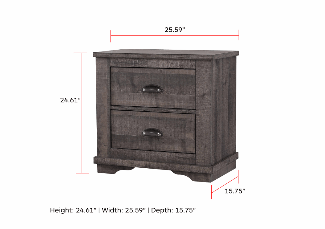 Side view of Coralee Night Stand in gray showing metal hardware and drawer
