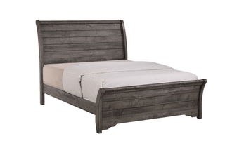 Coralee queen sleigh bed in gray finish viewed from front angle