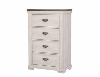 Leighton Chest cream and brown walnut wood, front view showing 4 pewter bail drawers