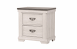 Leighton Nightstand front view showing cream and brown wood with two drawers and pewter bail handles