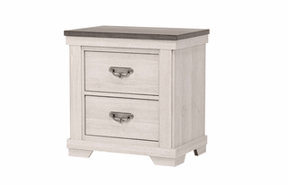 Leighton Nightstand front view showing cream and brown wood with two drawers and pewter bail handles