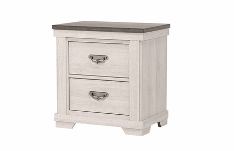 Leighton Nightstand front view showing cream and brown wood with two drawers and pewter bail handles