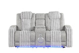 Detail of dropdown table and reading light on Lita sofa