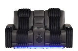 Side view of Lita brown power reclining sofa showing storage arms