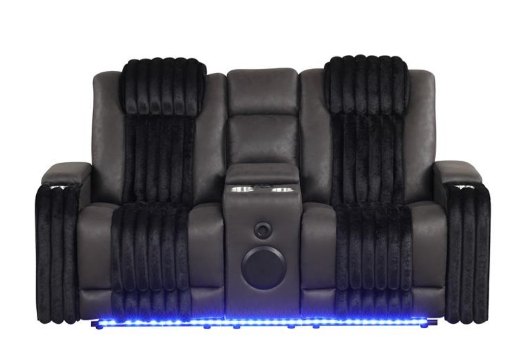Side view of Lita brown power reclining sofa showing storage arms