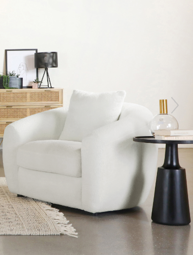 Isabella white upholstered accent chair front angle showing tight back and armrests