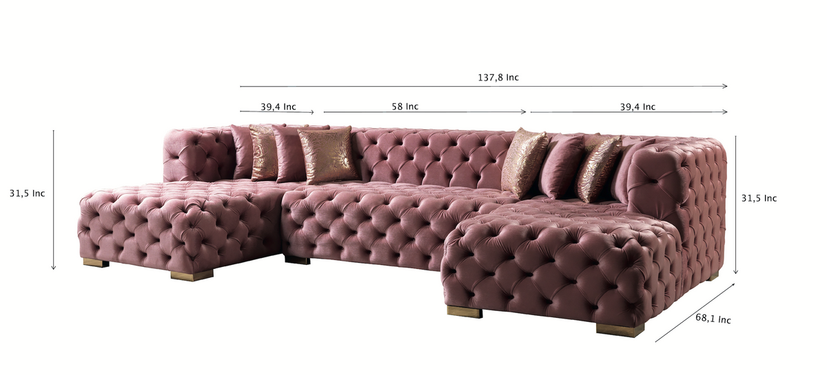 Seva Pink Velvet Double Chaise 138" Sectional sofa detail