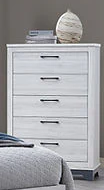 Kevin light gray five-drawer chest front angle