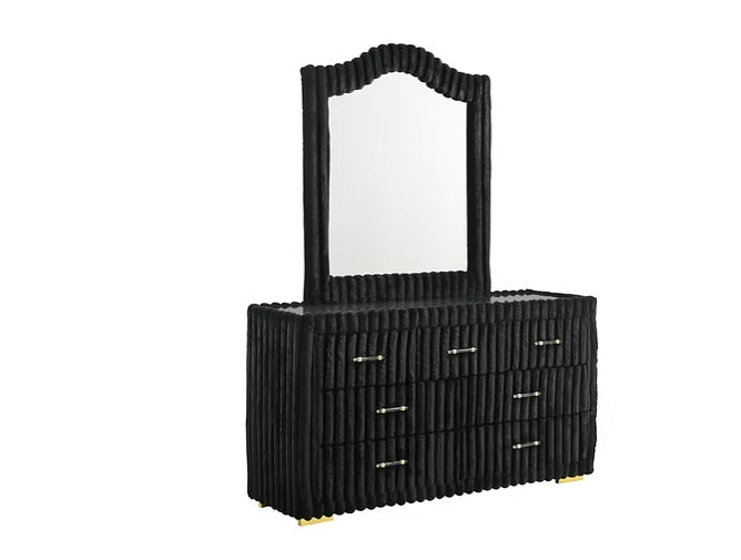 Bedroom scene with Micah Henley black upholstered platform bed