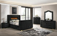Henley Black Upholstered Fireplace TV Panel Bedroom Set main view with bed and fireplace