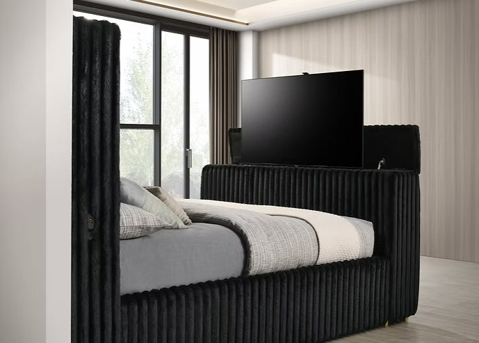 Side view of Henley Black Upholstered Fireplace TV Panel Bedroom Set bed