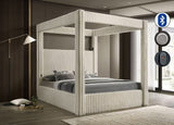 Side view of Atlam Henley Cream Upholstered Canopy Platform Bedroom Set bed