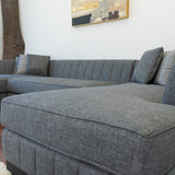 Living room view with Abigail Gray Linen Double Chaise Sectional sofa