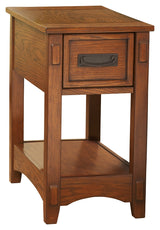 Side view of Breegin Brown end table showing drawer