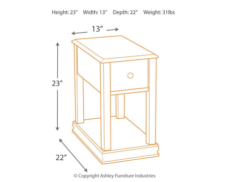 Breegin Brown Chairside End Table dimensional drawing