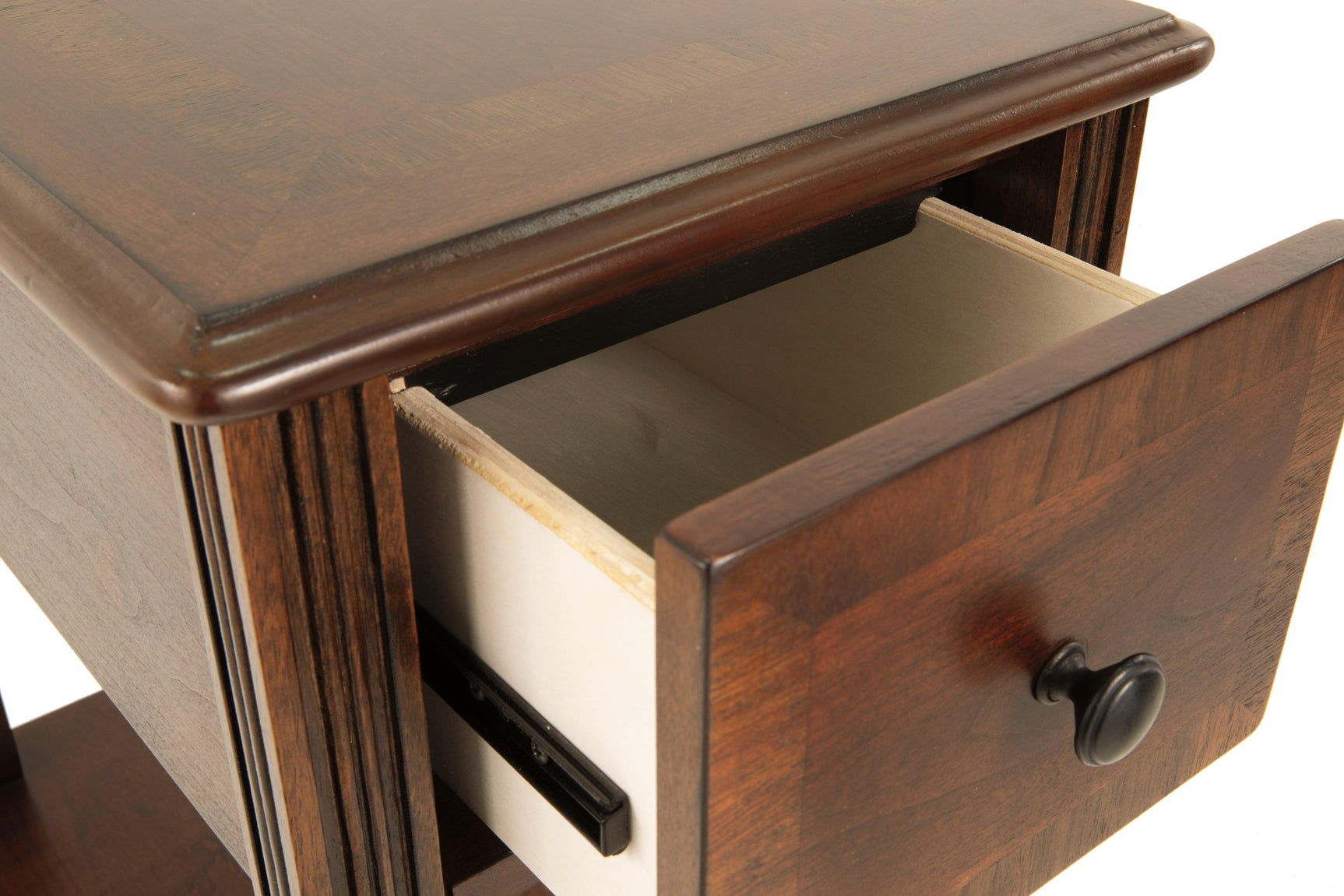Breegin Brown Chairside End Table drawer open showing interior
