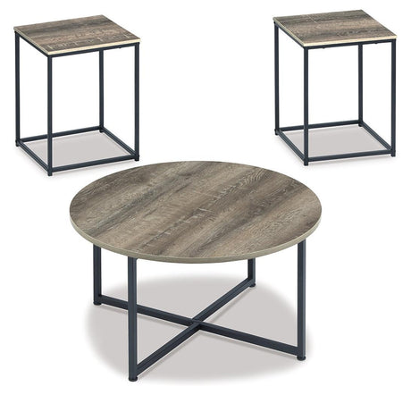 Side view of Wadeworth Two-Tone round coffee table with metal frame and wood grain top
