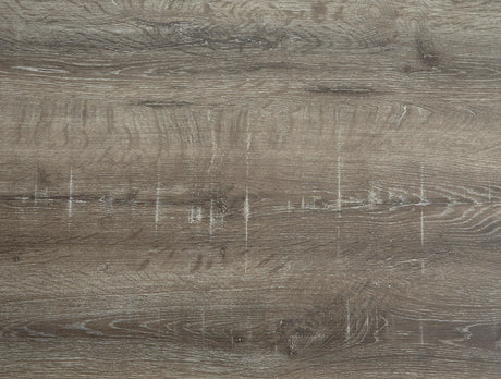Close-up of Wadeworth Table wood grain laminate top and metal frame detail