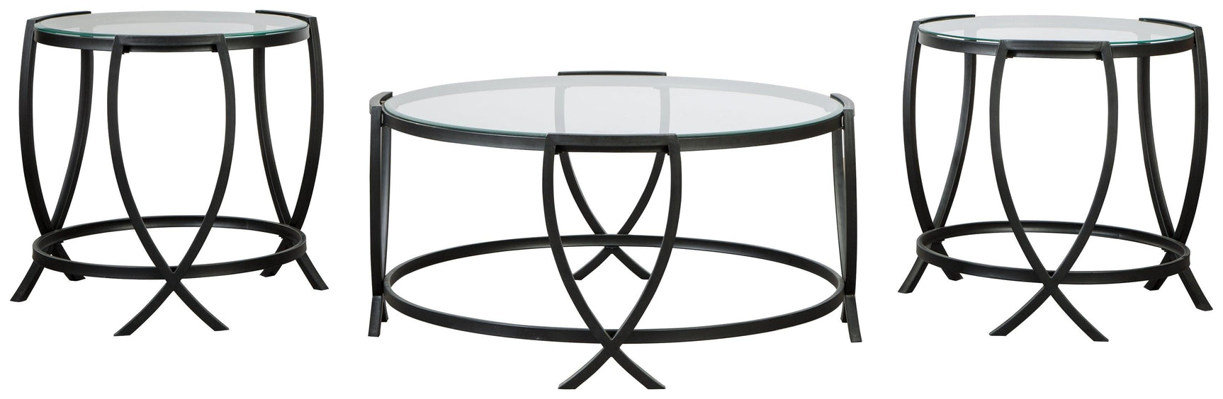 Front view of Tarrin Black coffee table showing arc X-motif base