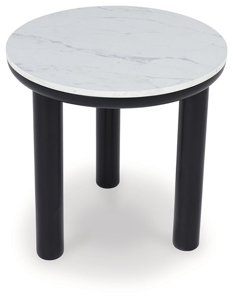 Close-up of Xandrum table’s replicated white marble top