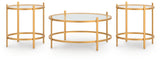 Angle view of Pearlox Gold metal frame and glass top table set