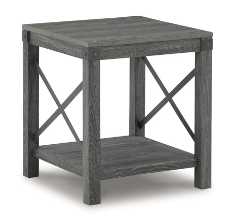 Close-up of Freedan end table metal accents and woodgrain finish