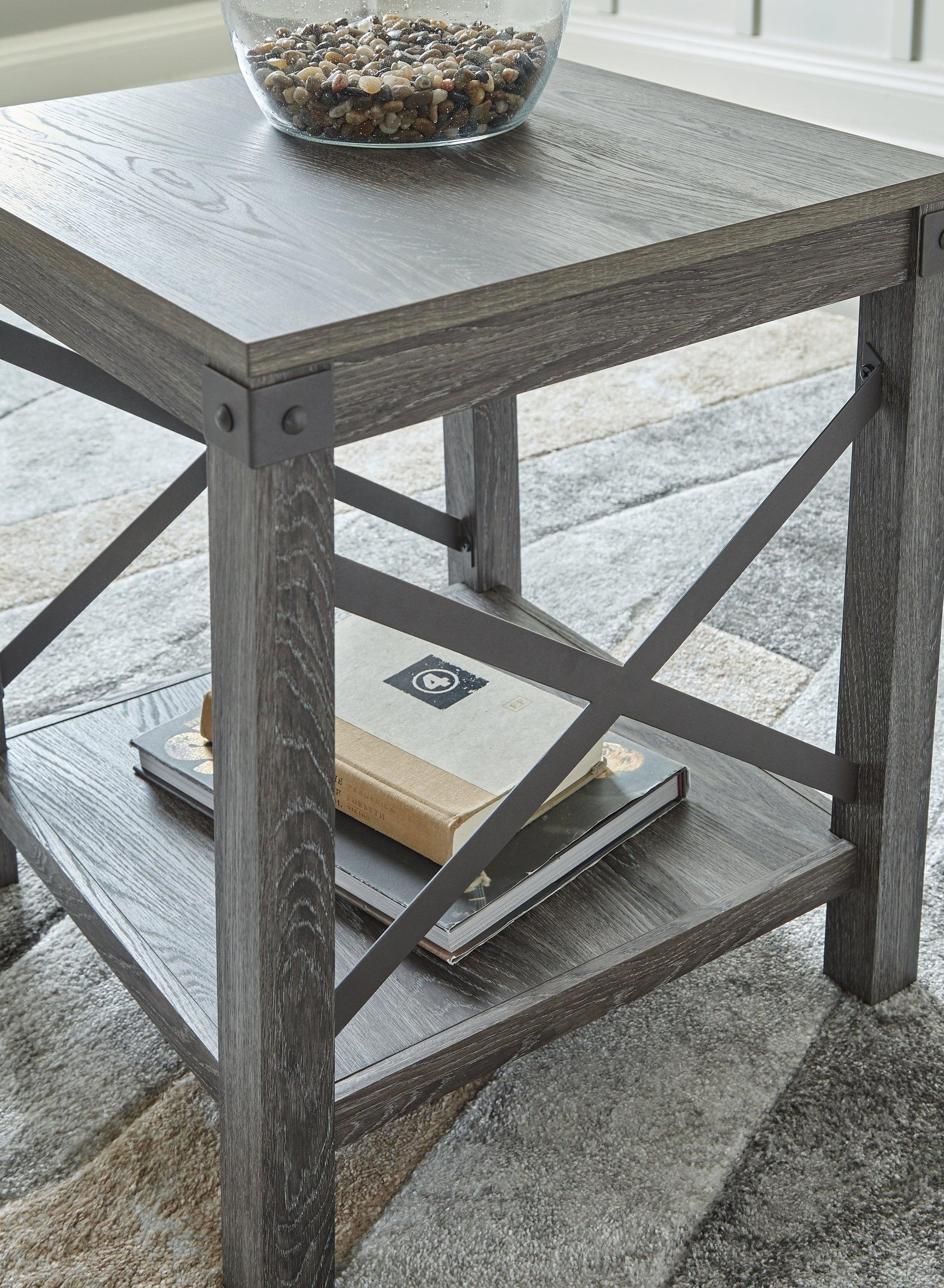 Close-up of metal crossbuck accent on Freedan End Table
