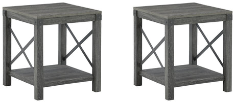 Freedan end table side angle highlighting crossbuck metal detailing