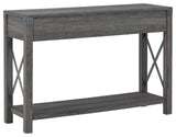 Freedan Grayish Brown sofa console table showing metal crossbuck details