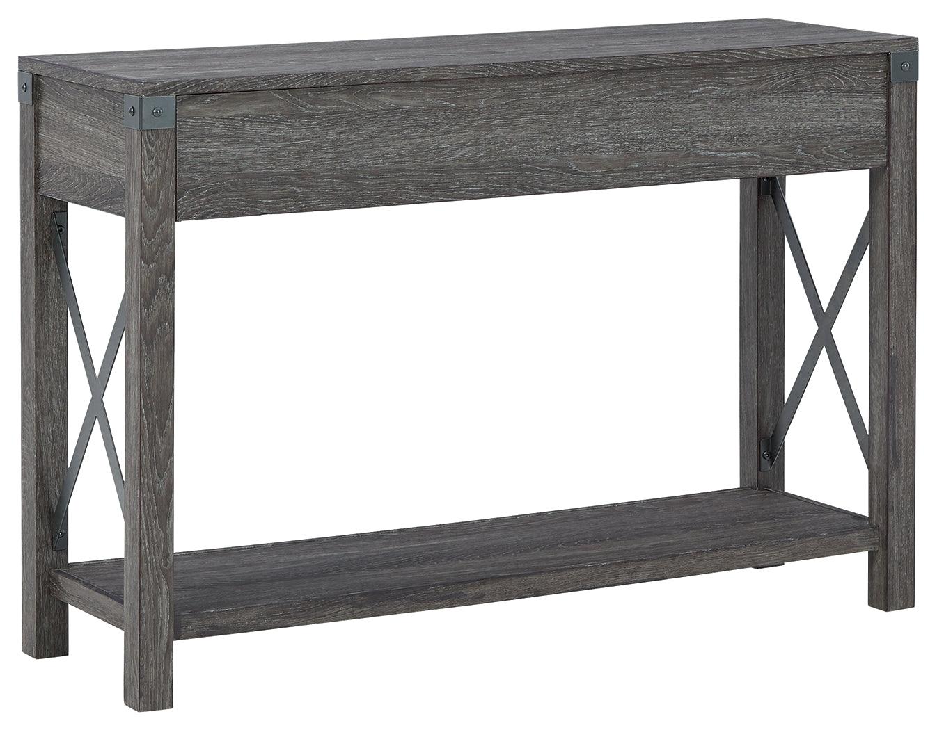Freedan Grayish Brown sofa console table showing metal crossbuck details