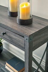 Close-up of drawer and metal hardware on Freedan Grayish Brown sofa console table