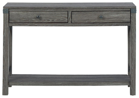 Side profile of Freedan Grayish Brown sofa console table