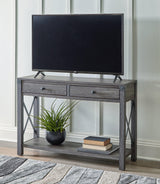 Freedan Grayish Brown sofa console table with decorative items