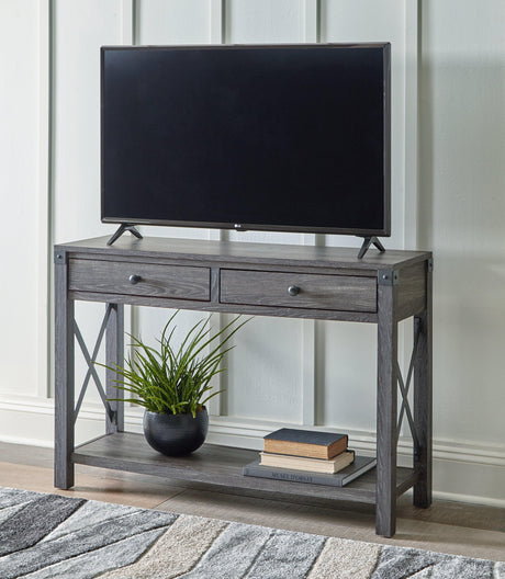 Freedan Grayish Brown sofa console table with decorative items