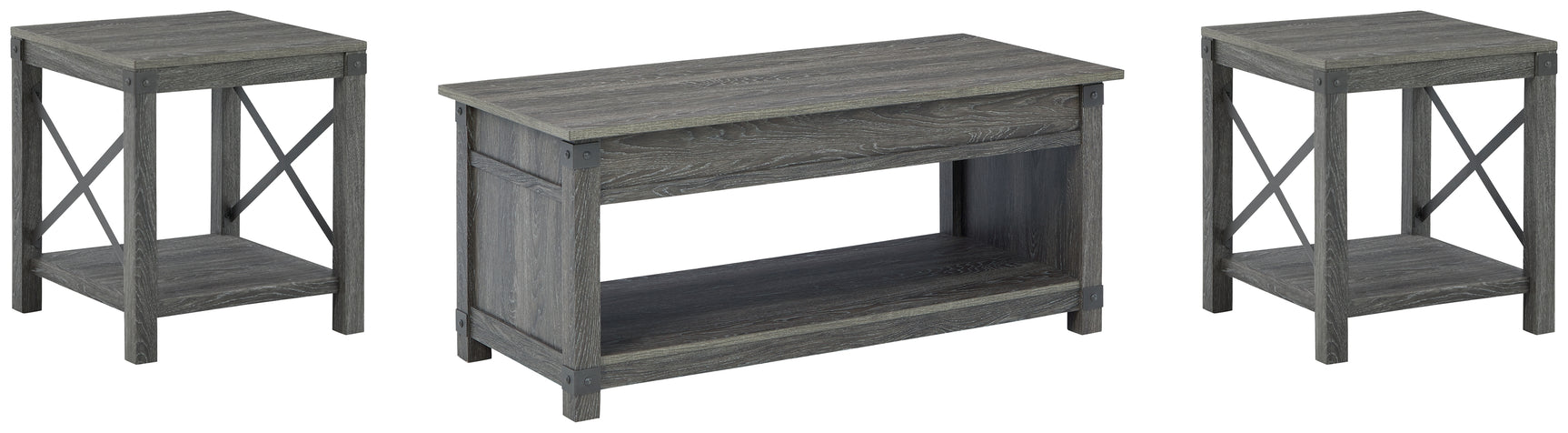 Grayish brown coffee table with lift-top raised at an angle