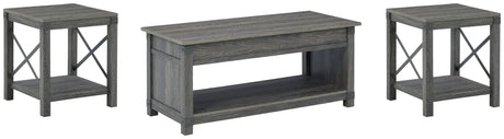 Grayish brown coffee table with lift-top raised at an angle