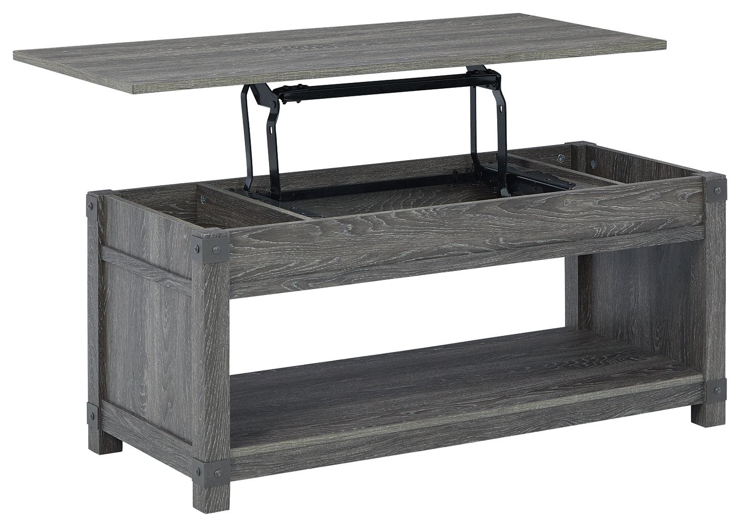 Freedan Grayish Brown Lift-top Coffee Table angle view open