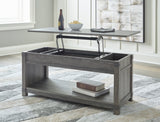 Freedan Grayish Brown Lift-top Coffee Table open showing storage