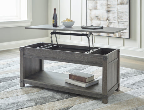 Freedan Grayish Brown Lift-top Coffee Table open showing storage