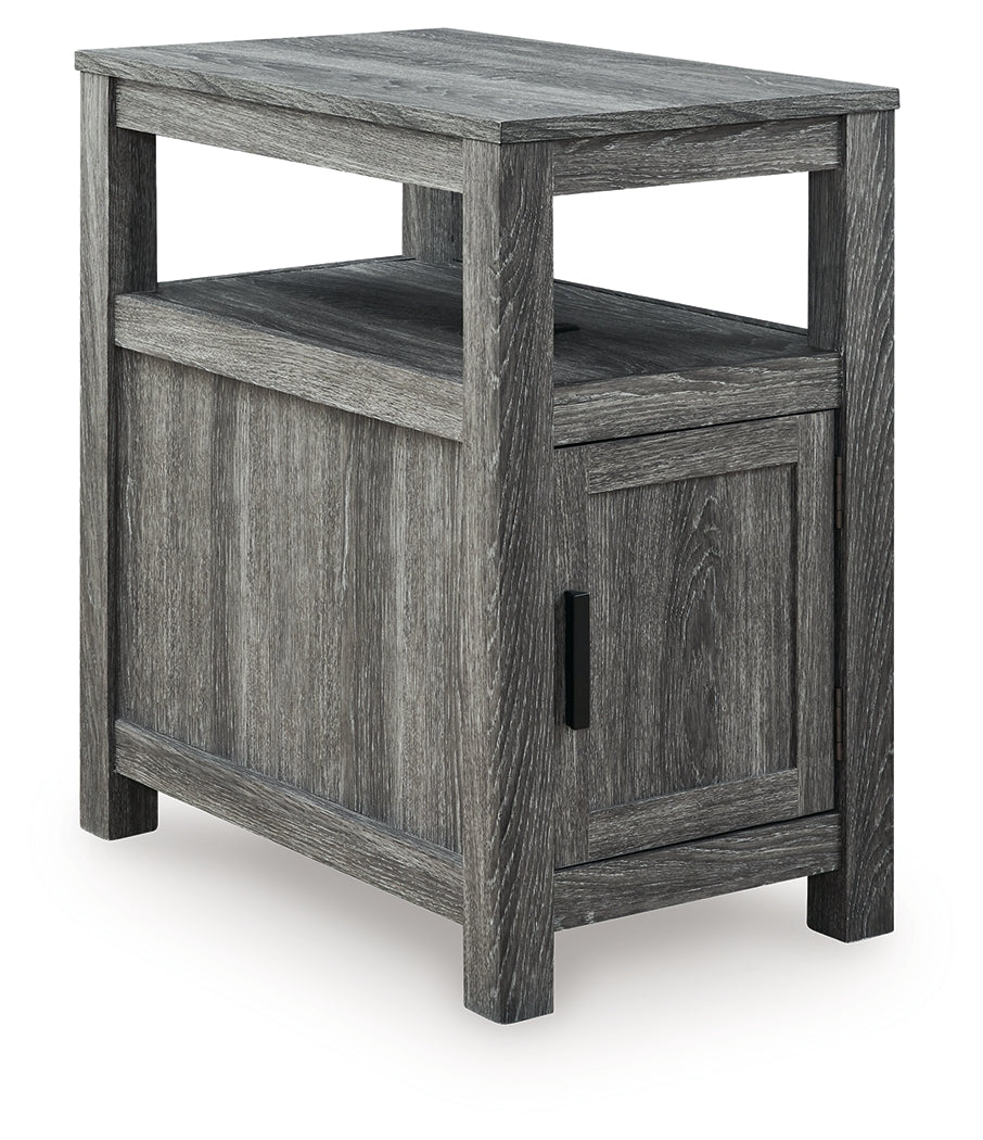 Side angle of Fendenmore Chairside End Table showing wood grain finish
