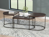 Vanmore dark brown tables with wood veneer tops and metal frames