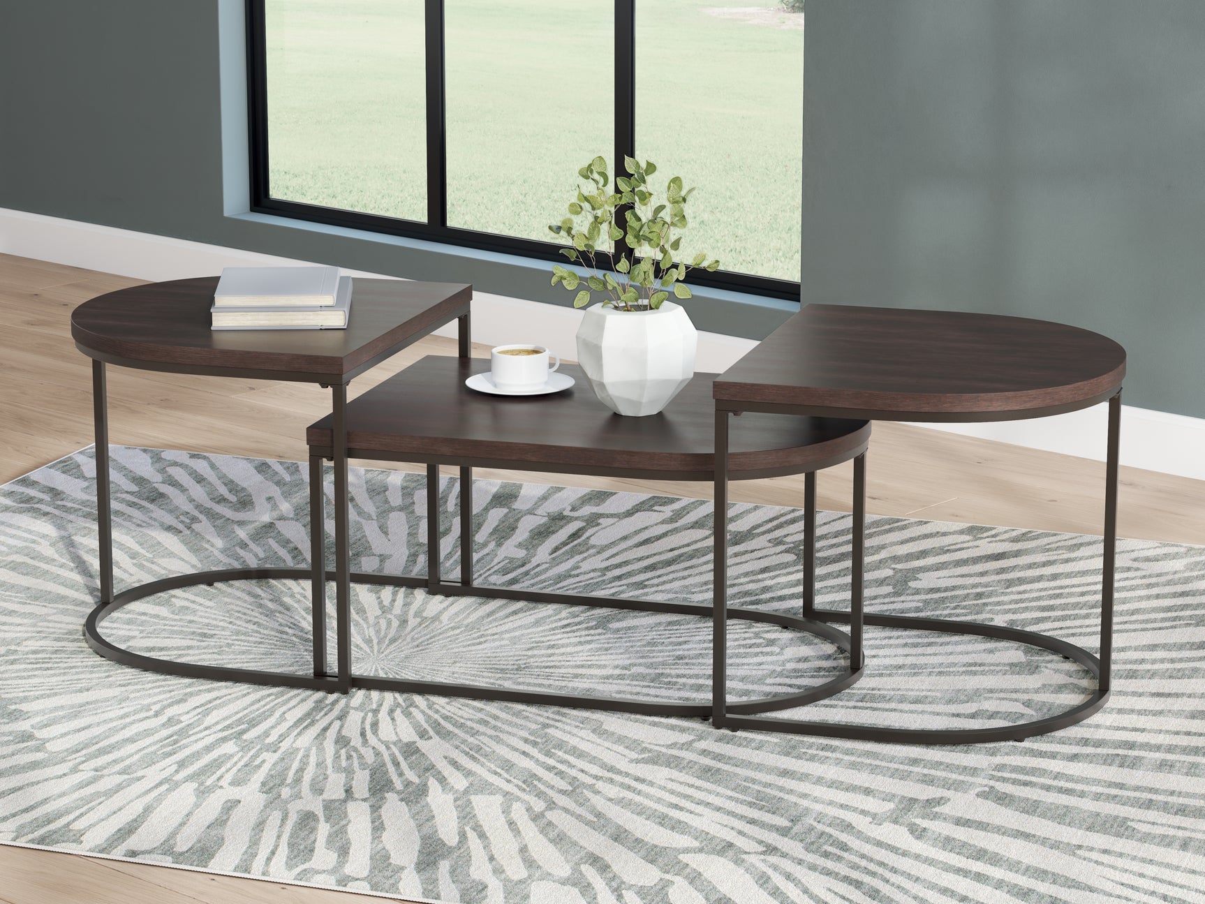 Vanmore dark brown tables with wood veneer tops and metal frames