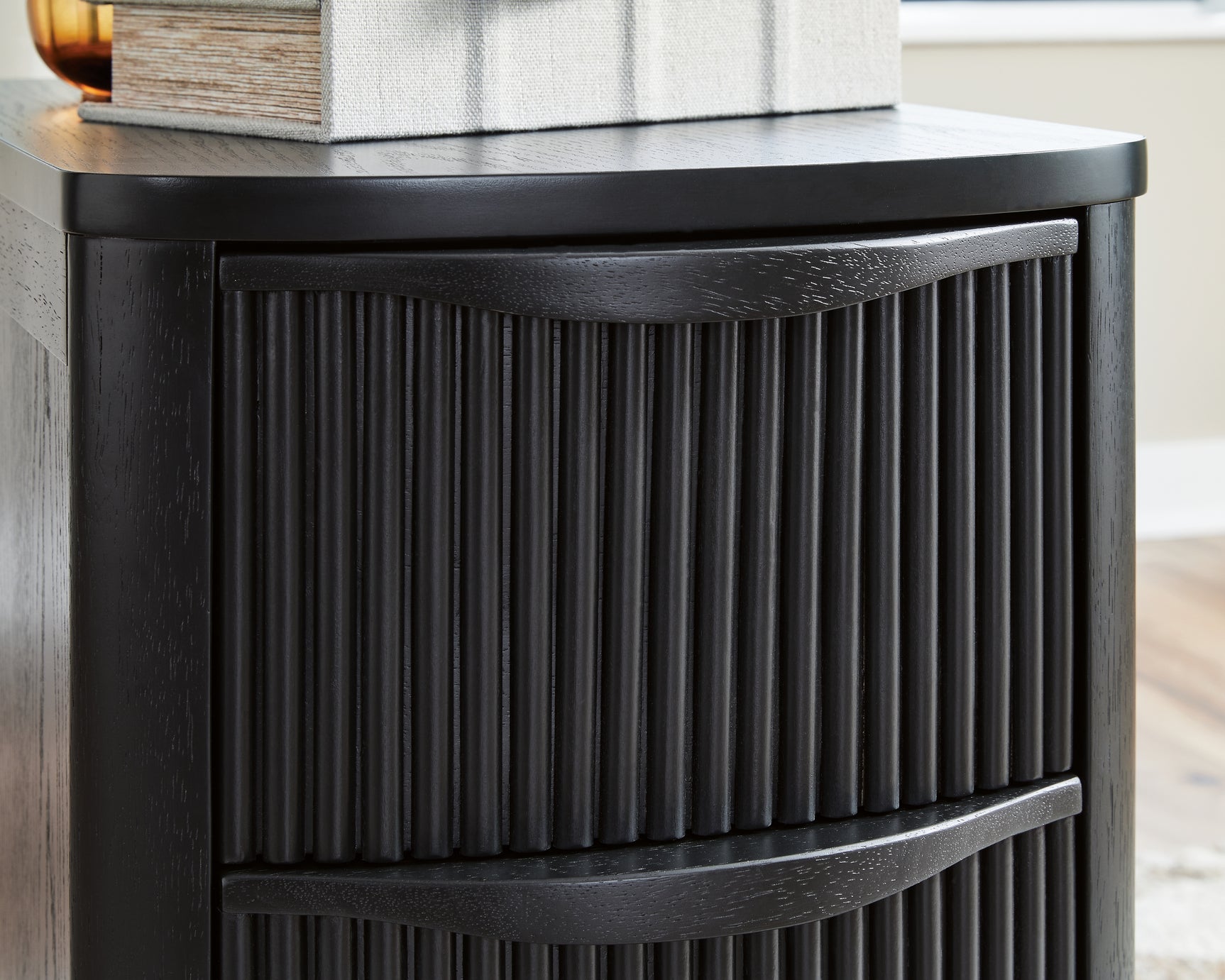 Close-up of reeded detailing on drawer fronts
