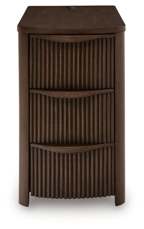 Camdill side view of dark brown chairside end table