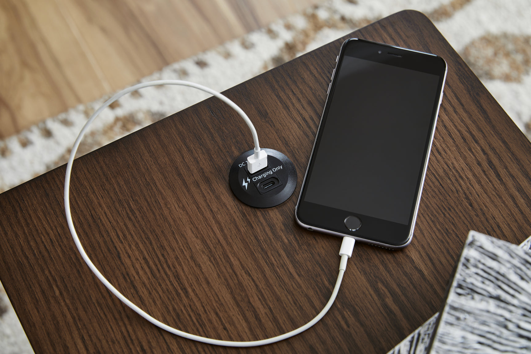 Close-up of rich dark brown wood finish